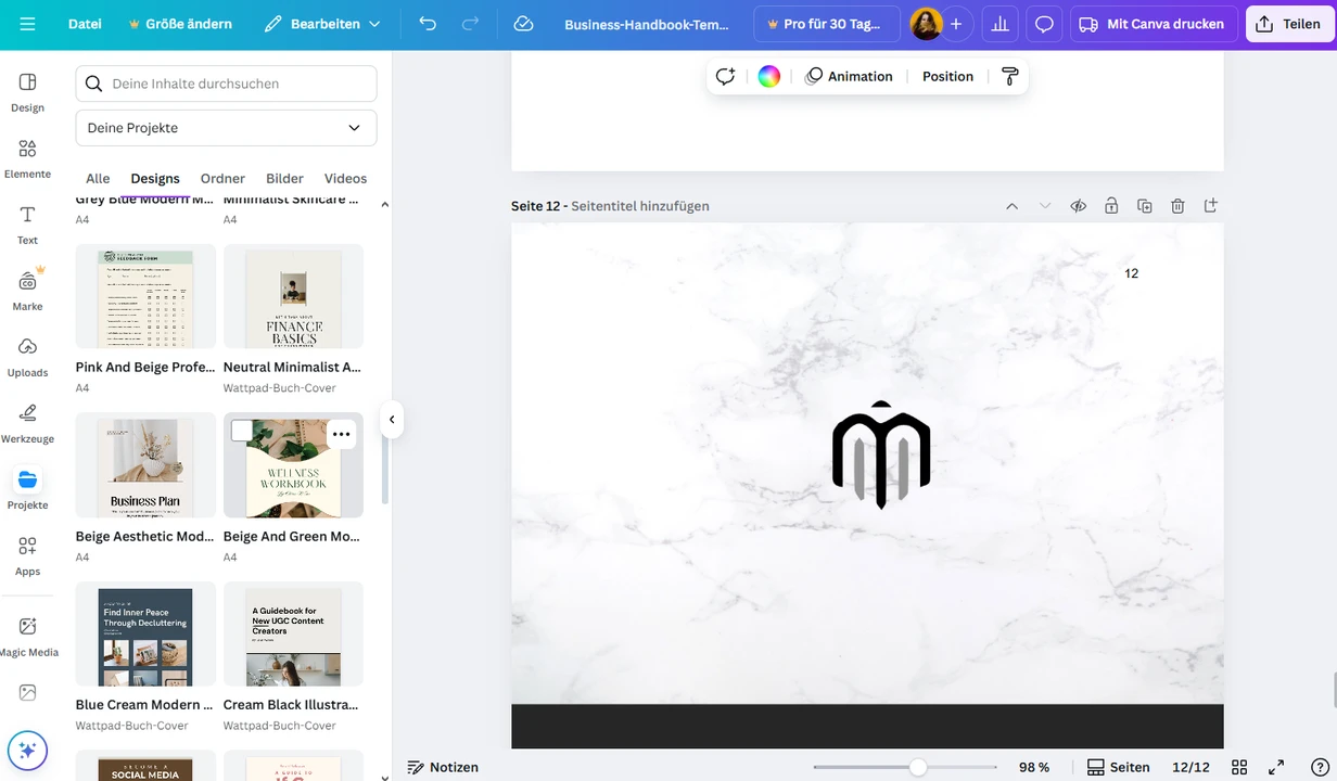 Seite aus einer anderen PDF in Canva hinzufügen