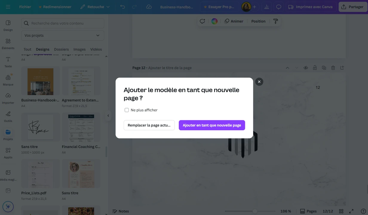 Ajouter une page depuis un autre PDF dans Canva