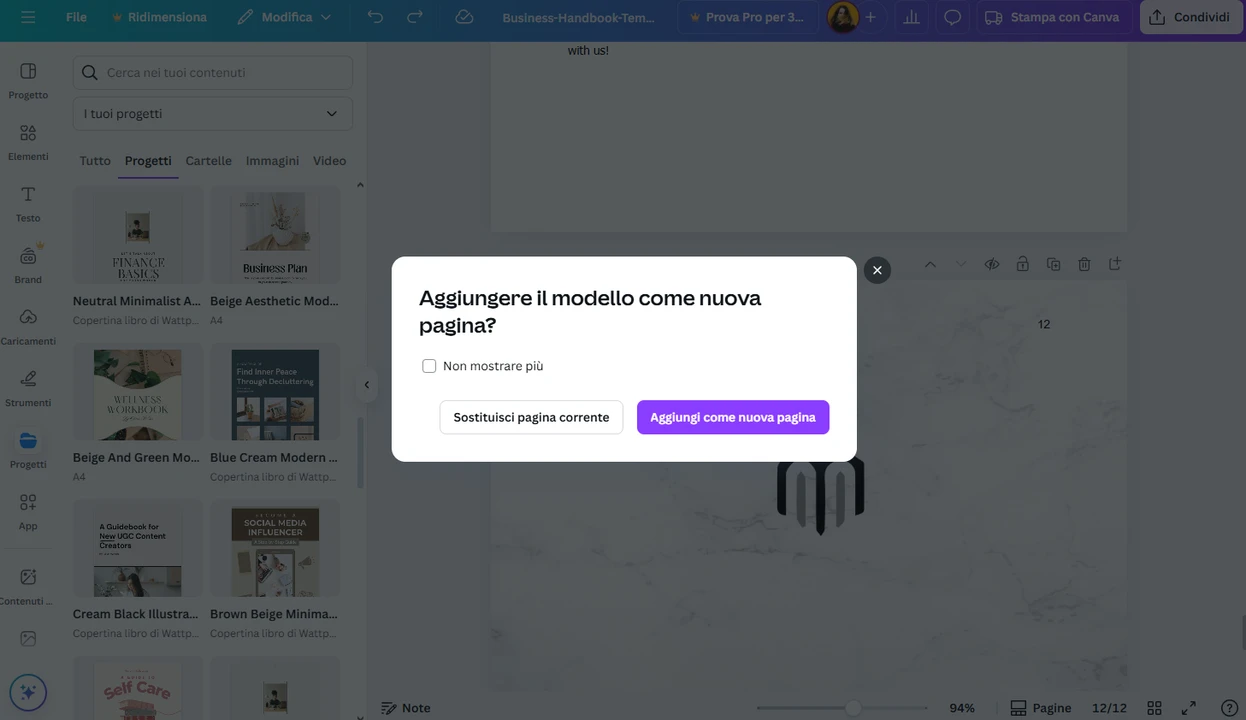 Aggiungere una pagina da un altro PDF in Canva