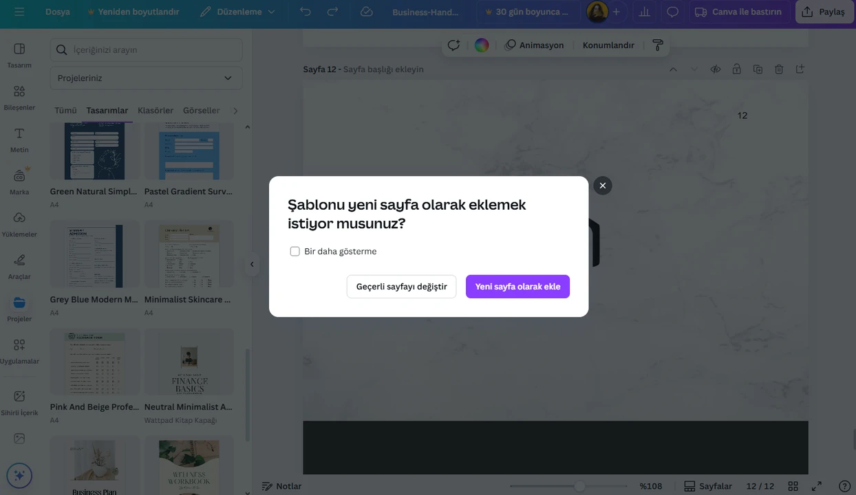 Başka bir PDF’den sayfa ekle – Canva