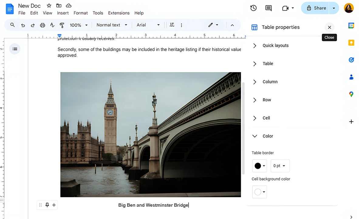 How to Add a Caption to an Image in Google Docs using Tables