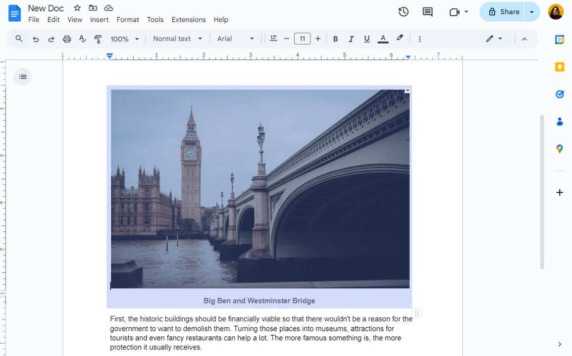 How to Add a Caption to an Image in Google Docs using Tables