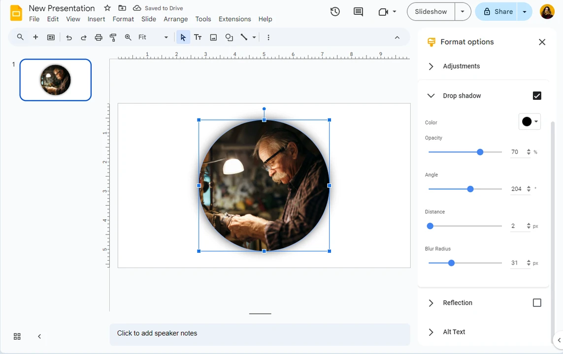 circle image in google slides with shadow