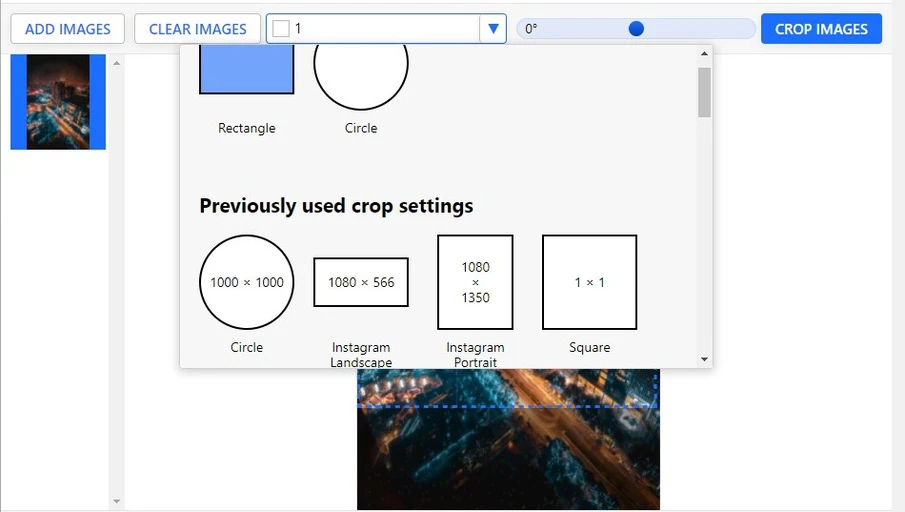 Previously used crop settings