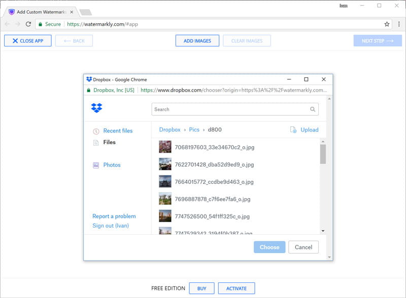 Selecting photos from Dropbox