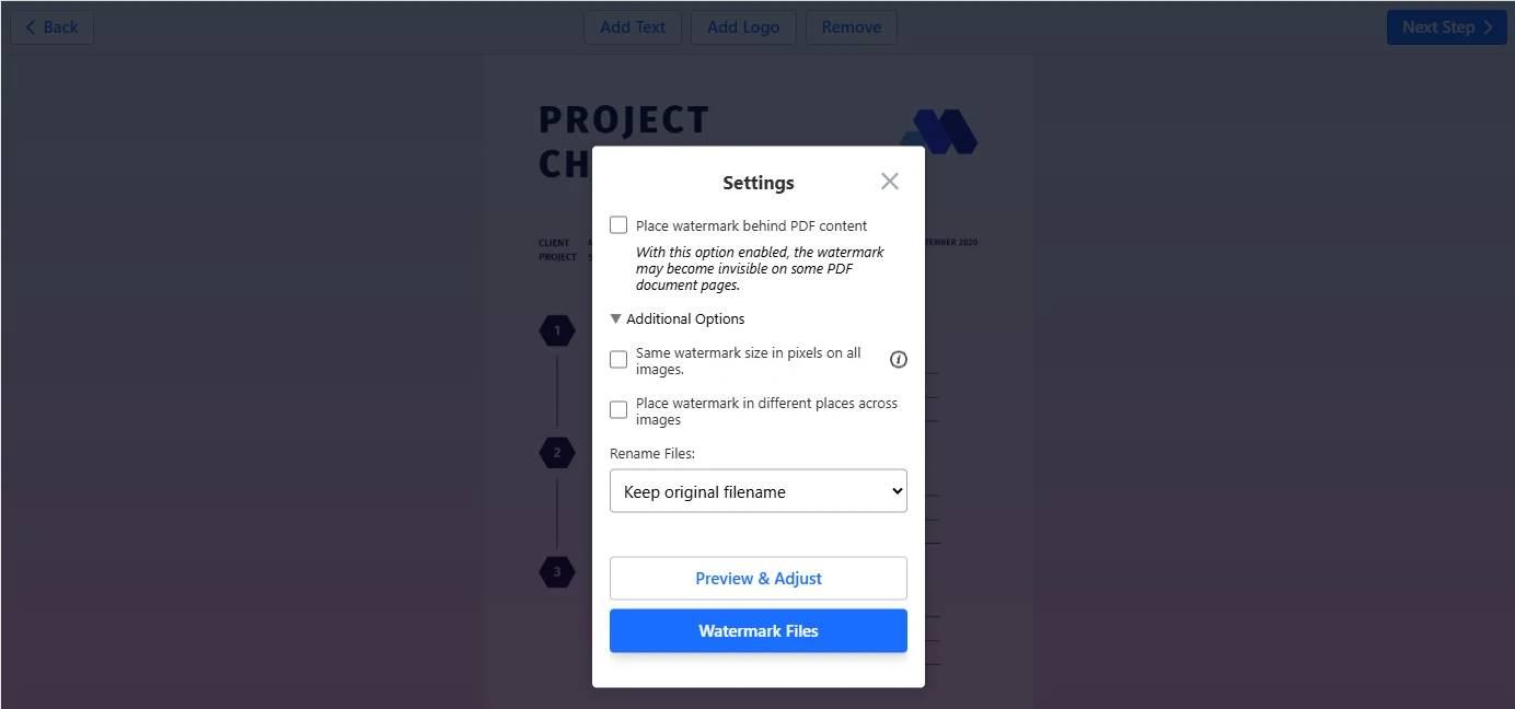 settings PDF watermark
