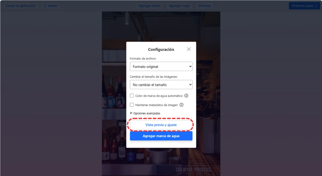 vista previa y ajustes