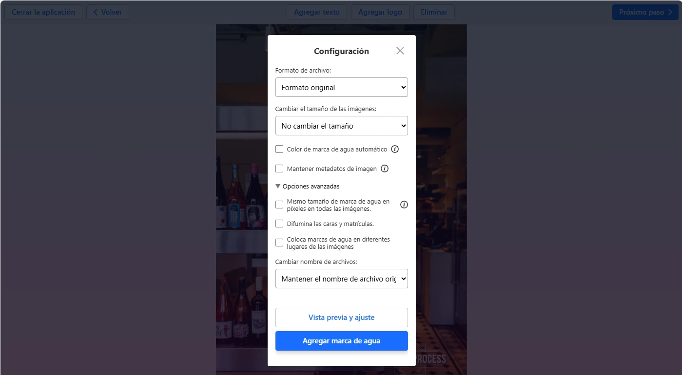 configuración de exportación para fotos