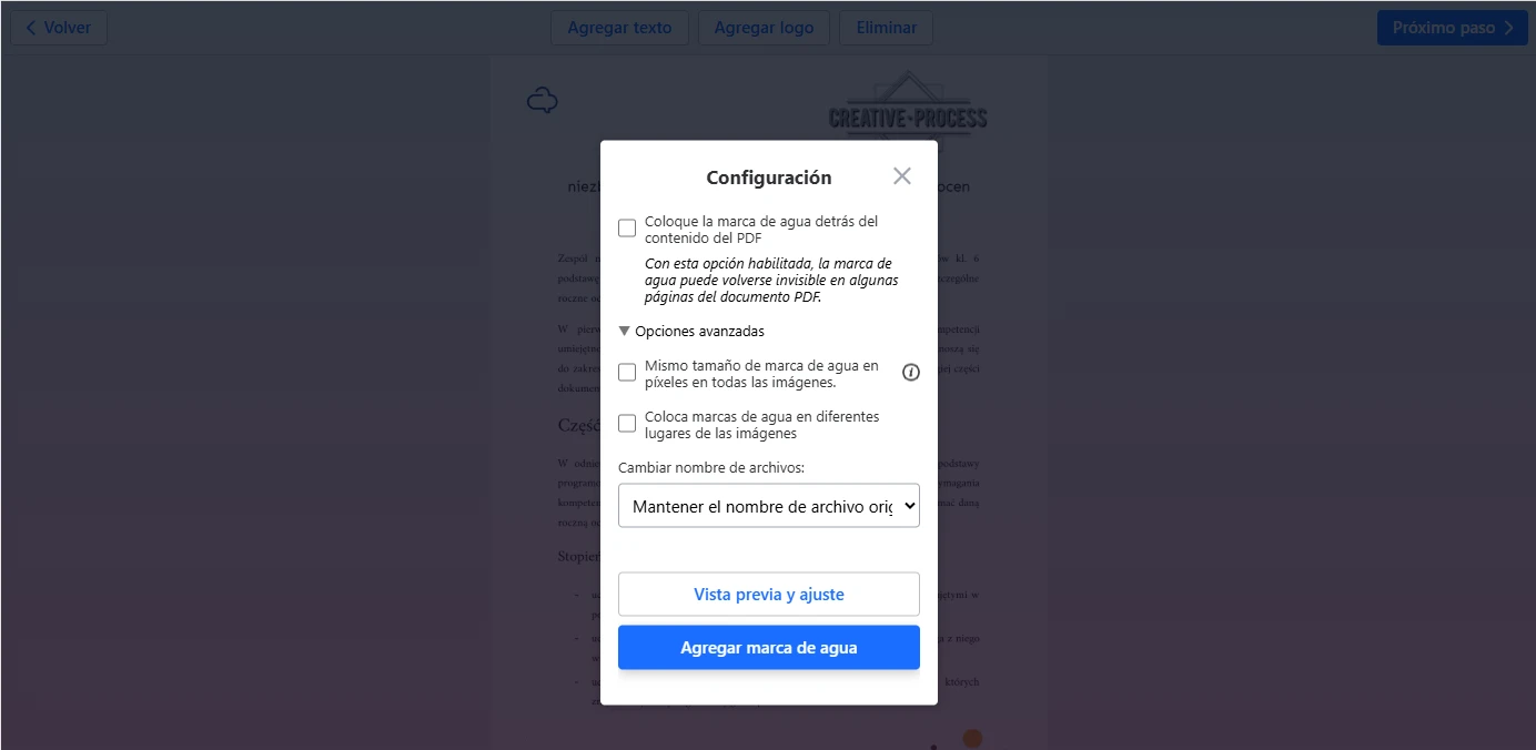 configuración de PDF con marca de agua