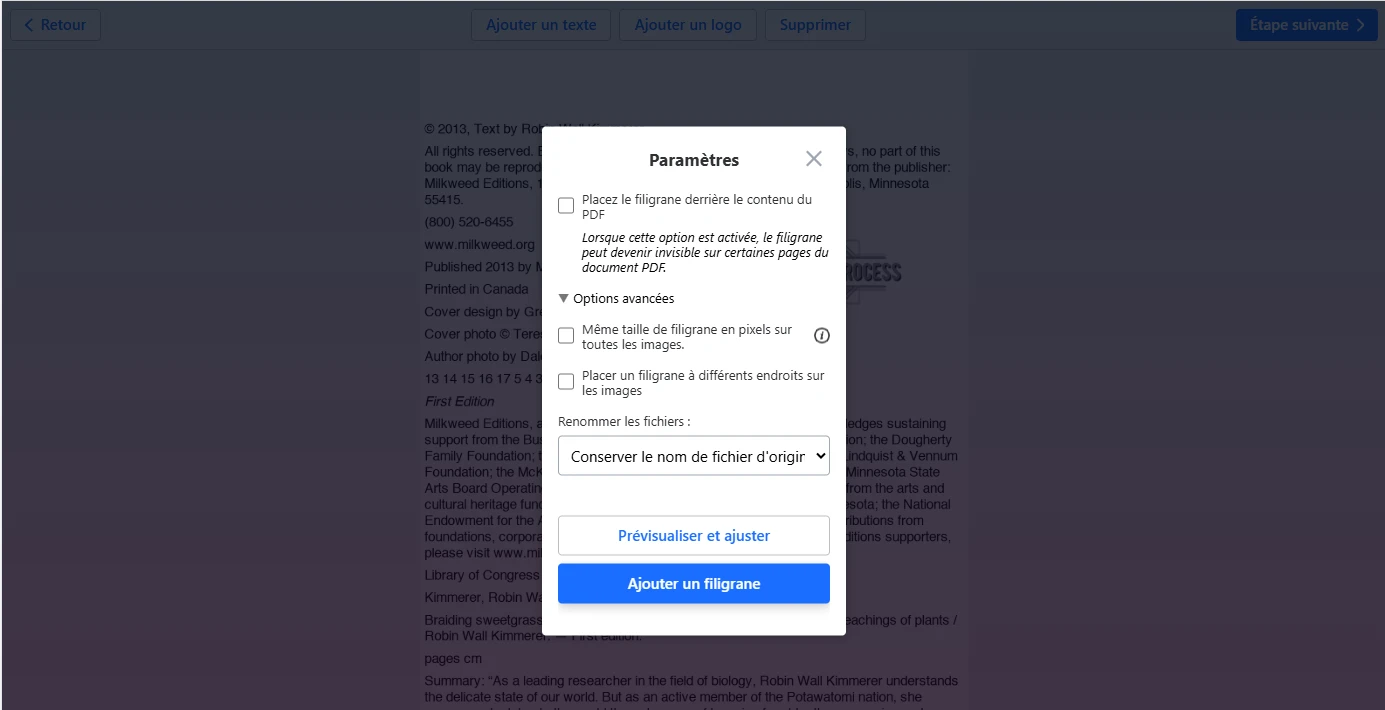 paramètres filigrane PDF