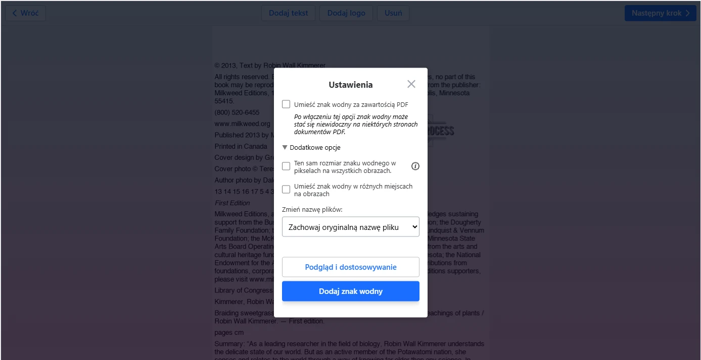 ustawienia znak wodny PDF