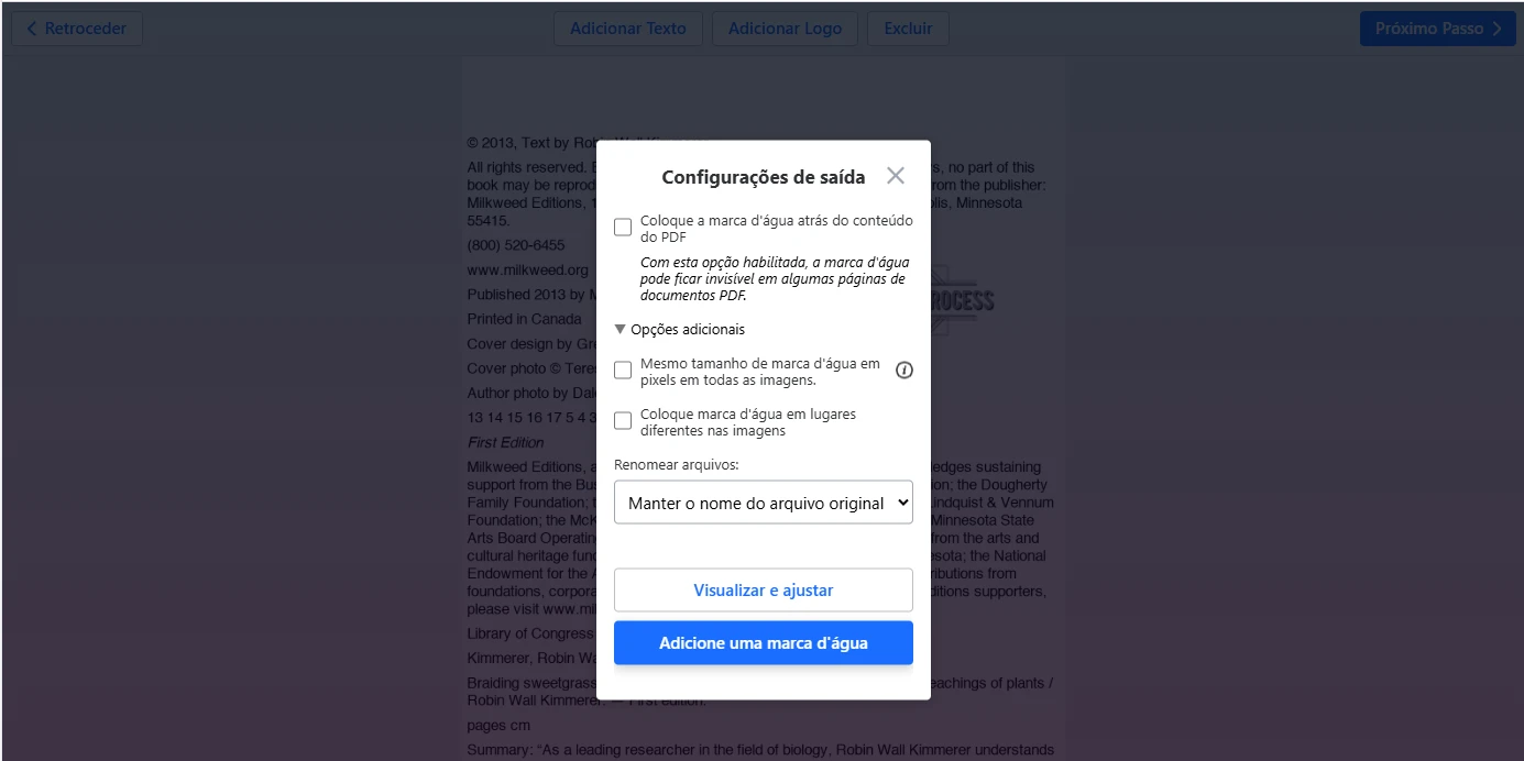 configurações marca d’água em PDF