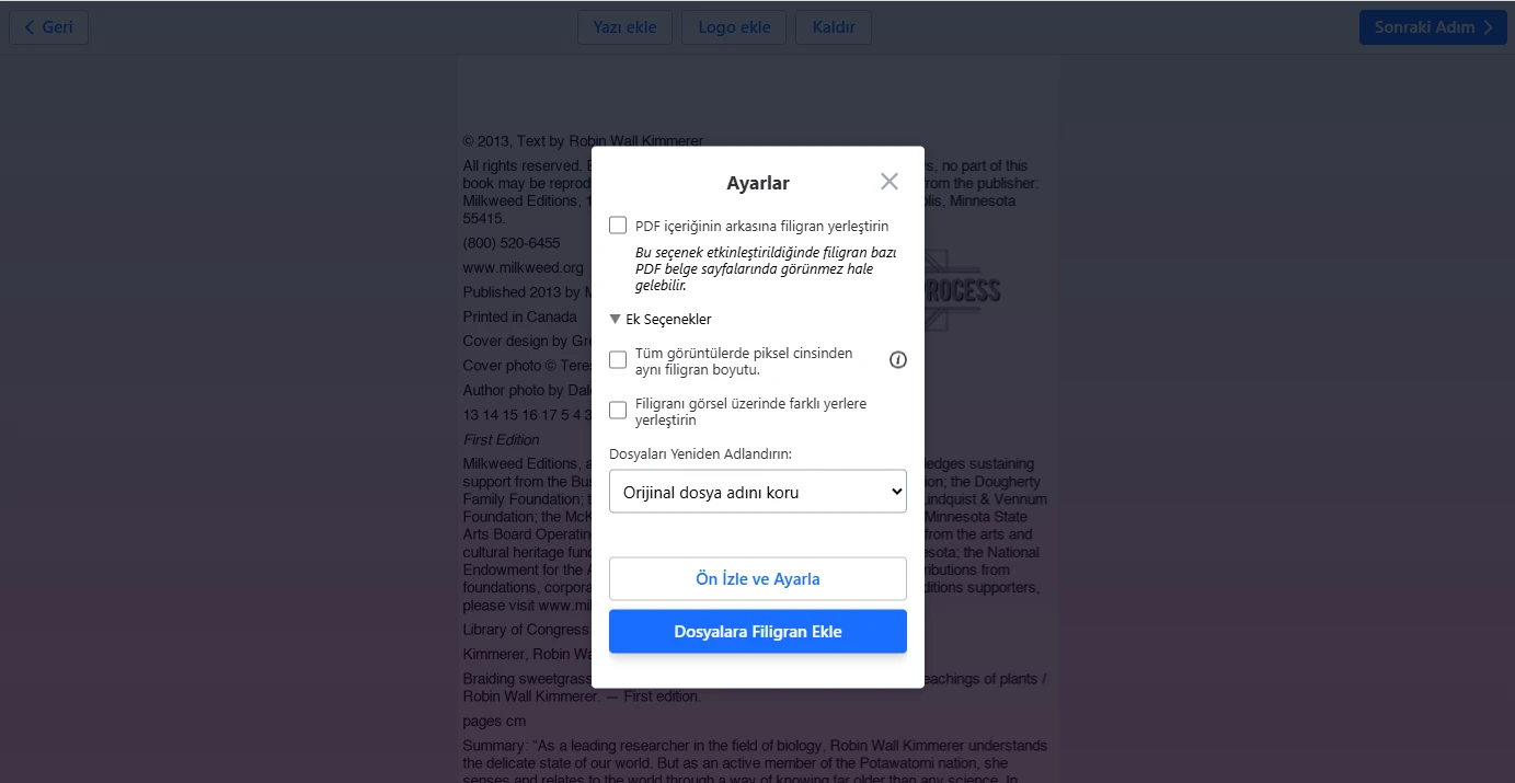 PDF filigranı ayarları