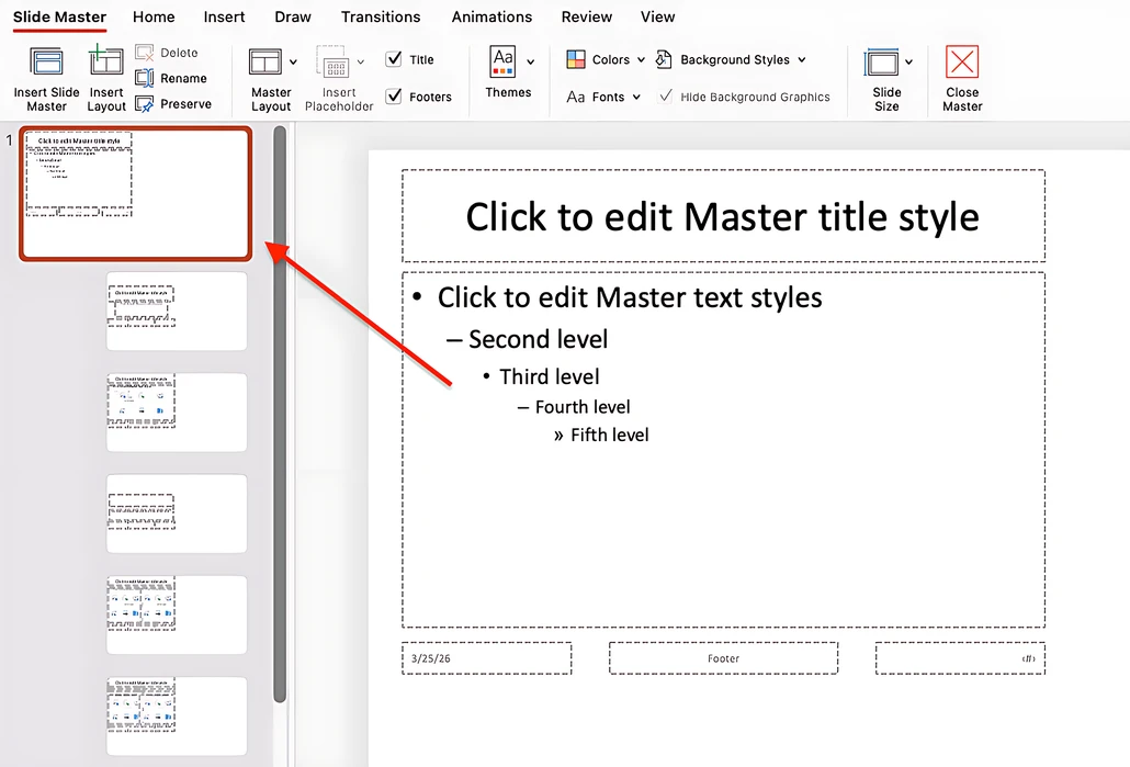 Schema diapositiva di PowerPoint per aggiungere una filigrana a tutte le diapositive