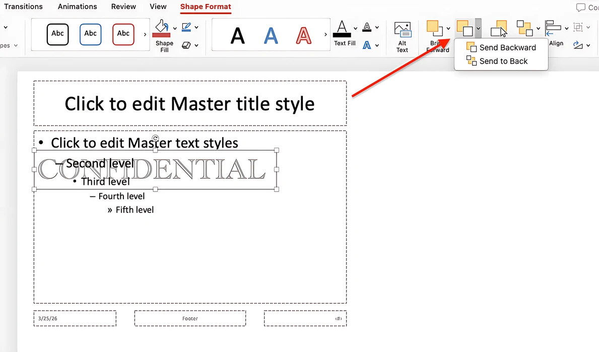 come spostare una filigrana di testo dietro il contenuto della diapositiva in PowerPoint