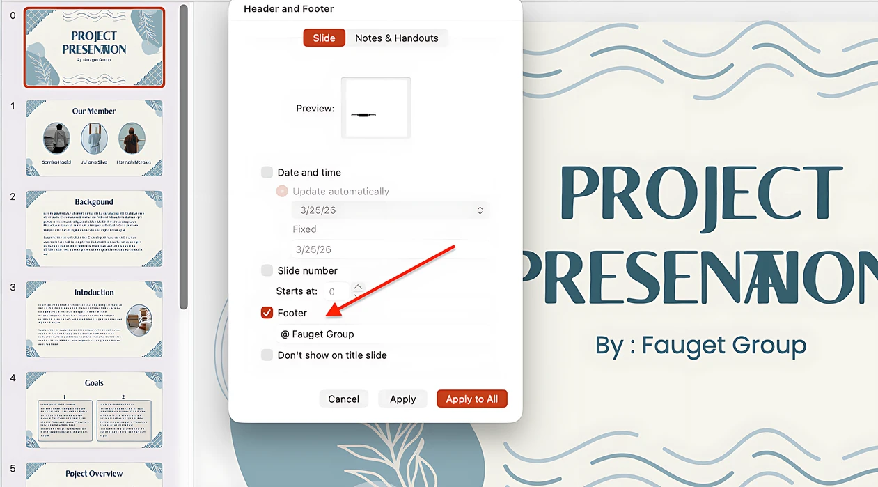 come inserire una filigrana in ppt usando Intestazione e piè di pagina