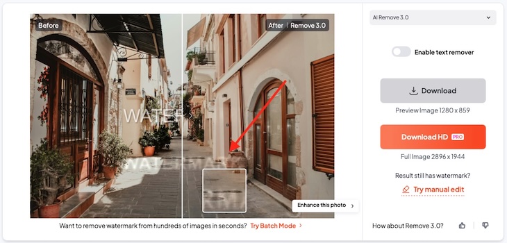 porównanie obok siebie z automatycznego narzędzia do usuwania znaków wodnych, gdzie standardowy znak wodny jest usunięty, ale wbudowany pozostaje lub zostawia silne artefakty — dewatermark.ai