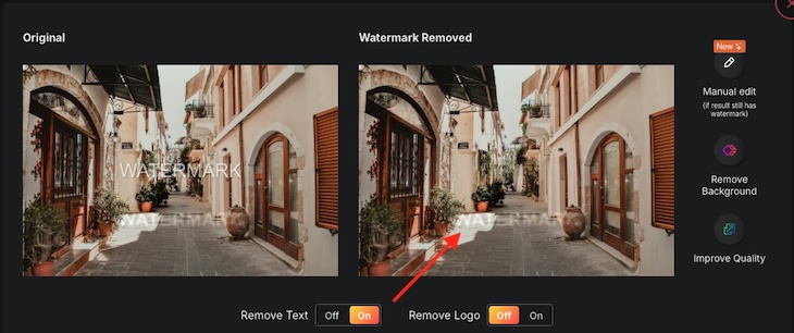 porównanie obok siebie z automatycznego narzędzia do usuwania znaków wodnych, gdzie standardowy znak wodny jest usunięty, ale wbudowany pozostaje lub zostawia silne artefakty — watermarkremover.io